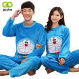 GOPLUS 2017 Autumn Winter Couple Flannel Doraemon Pajamas Set Cartoon Cat Lovers Long Sleeve Sleepwear Set Women and Men Pyjamas