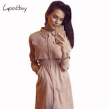 Goodbuy 2017 Women Summer Dress Long Sleeve Knee-Length Office Dress Solid Front Split Button Lady Bodycon Dress Vestidos Robes