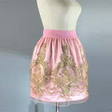 Golden Embroidery Tulle Skater Skirts Womens Floral Double Slit Skirt High Waist Skorts 2017 Spring Vintage Pleated Winter Skort