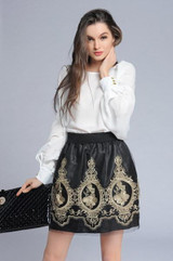 Golden Embroidery Tulle Skater Skirts Womens Floral Double Slit Skirt High Waist Skorts 2017 Spring Vintage Pleated Winter Skort