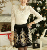 Golden Embroidery Tulle Skater Skirts Womens Floral Double Slit Skirt High Waist Skorts 2017 Spring Vintage Pleated Winter Skort