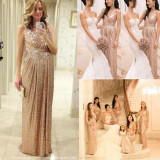 Gold Wedding Prom Long Gowns Plus Size Elegant Champagne Rose Gold Bridesmaid Dress 2015 Sequins Bling Gold Bridesmaid Dresses