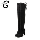 GENSHUO FauxSuede Women Boots Shoes Winter Knee High Boots Sexy Stretch Over The Knee High Boots Black Slim Fit Thigh High Heels