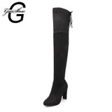 GENSHUO FauxSuede Women Boots Shoes Winter Knee High Boots Sexy Stretch Over The Knee High Boots Black Slim Fit Thigh High Heels