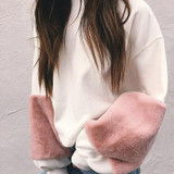Faux Fur Cropped Hoodies Women Oversized Long Sleeve Pink x White Pacthwork Sweatshirts Warm Casual Loose Sexy Pullover Tops