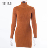 FATIKA Fashion 2017 Women Autumn Winter Sweater Dresses Slim Turtleneck Sexy Bodycon Solid Color Robe Knitted Dress