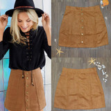 Fashion Womens Solid Stretch Waist Button Brown Plain Flared Skater A-Line Mini Skirt