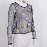 Fashion Womens Mesh Embroidery blouse tops Summer Sexy Sheer Flower Long Sleeve Shirt Blouse Tops Black Clothes Plus Size XL