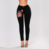 New Plus Size Blue High waist Pencil Ripped Floral Hole Jeans Woman Stretch Skinny Vintage Denim Pants Boyfriend Elastic Trouser