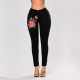 New Plus Size Blue High waist Pencil Ripped Floral Hole Jeans Woman Stretch Skinny Vintage Denim Pants Boyfriend Elastic Trouser