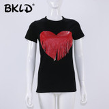BKLD Fashion Summer Girls tops Heart print Tassel t shirts women short sleeve tee shirt female students t-shirts teenagers