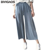 BIVIGAOS palazzo pants Women pleated wide leg pants cropped trousers 3 color high waist loose pant women pantalon femme pantolon