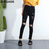 BIVIGAOS Fashion Women High Waist Torn Jeans Casual Hole Knee Skinny Denim Pencil Pants Black Ripped Jeans Leggings For Womens