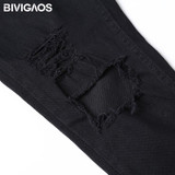 BIVIGAOS Fashion Women High Waist Torn Jeans Casual Hole Knee Skinny Denim Pencil Pants Black Ripped Jeans Leggings For Womens