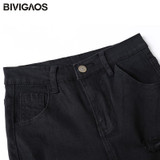 BIVIGAOS Fashion Women High Waist Torn Jeans Casual Hole Knee Skinny Denim Pencil Pants Black Ripped Jeans Leggings For Womens