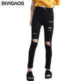 BIVIGAOS Fashion Women High Waist Torn Jeans Casual Hole Knee Skinny Denim Pencil Pants Black Ripped Jeans Leggings For Womens