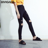 BIVIGAOS Fashion Women High Waist Torn Jeans Casual Hole Knee Skinny Denim Pencil Pants Black Ripped Jeans Leggings For Womens