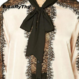 BiLaRyThy Fashion Women's Lace Patchwork Hollow Out Blouse Shirts Bow Neck Long Sleeve Elegant Tops Office Lady Style Shirt