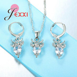 Bijoux 925 Sterling Silver Jewelry Set Clear Crystal Owl Pendant Drop Necklaces Earrings for Women Bridal Accessories