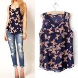 Hot Sale 1pc Casual Simple Chiffon Women Black Butterfly Print Tank Top Shirts Sleeveless Blouses