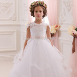 Hot Pretty Princess White Ivory Lace Flower Girl Dresses With Belt Tired Tulle Floor Length 2016 Girls First Communion Dresses