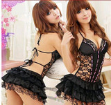 Hot Perspective Sexy Costumes Sexy Lingerie Underwear Backless Erotic Lingerie Lace Dress +G-string Black Temptation