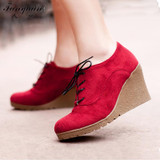 2017 New Wedges Women Boots Fashion Flock High-heeled Platform Ankle Boots Lace Up High Heels Spring Autumn Shoes For Women