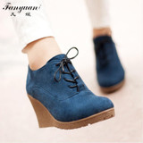 2017 New Wedges Women Boots Fashion Flock High-heeled Platform Ankle Boots Lace Up High Heels Spring Autumn Shoes For Women