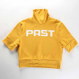 Weekeep Women Fashion Cropped Turtleneck t shirt Yellow Spring Short Sleeve Letter Print T-shirt Slim Waist Vogue Crop Top Shirt