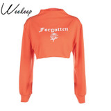 Weekeep Women Cropped Letter Print Sexy Hoodie Sweatshirt Long Sleeve Moletom Pullover Womens Sudaderas Mujer Crop Top Hoodies