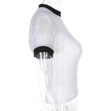 Weekeep Sexy Perspective Stretch t shirt Women Summer Short Sleeve Cropped Mesh Top White Slim Waist Fashion Patchwork t-shirt