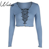 Weekeep Sexy Lace Up Hollow Out T-shirt Women Long Sleeve Cropped t shirt Fashion Slim V-neck Crop Top women cotton t shirt