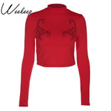 Weekeep Cartoon Print Long Sleeve Crop Top Women Cropped Slim Waist t shirt Knitted O-neck t-shirt Fashion Streetwear tshirt