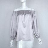 Weekeep 2016  Autumn Sexy Off Shoulder Glossy Blouse Shirt Soft Satin Flare Sleeve Tops Elegant Party Women Blouses Blusas