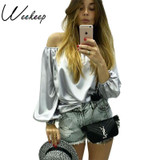 Weekeep 2016  Autumn Sexy Off Shoulder Glossy Blouse Shirt Soft Satin Flare Sleeve Tops Elegant Party Women Blouses Blusas