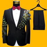 Wedding Groom Tuxedos Suit Men Fashion Blue Paillette Embroidered Male Singer Performance Party Prom Blazer Suit Costume 4 Piece