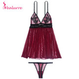 Wealurre New Fantasy Women Sexy Lingerie V-neck European Sleepwear Dress Embroidery Strap Lace Nightgowns Nightdress&Thongs Sets