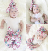 US Stock Floral Newborn Baby Girls Lace Romper Pants Headband Outfit Set Clothes Infant Toddler Girl Brief Clothing Set Playsuit