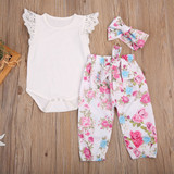 US Stock Floral Newborn Baby Girls Lace Romper Pants Headband Outfit Set Clothes Infant Toddler Girl Brief Clothing Set Playsuit