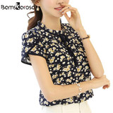 Bamskarosa Women Summer Tops Chiffon Blouse Floral Print Bow Neck Shirt Short Sleeve Femme Plus Size Blusas Femininas