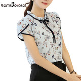 Bamskarosa Women Summer Tops Chiffon Blouse Floral Print Bow Neck Shirt Short Sleeve Femme Plus Size Blusas Femininas