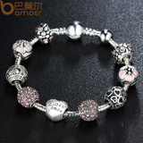 BAMOER Antique 925 Silver Charm Bracelet & Bangle with Love and Flower Crystal Ball Women Wedding Valentine's Day Gift PA1455 BAMOER Antique 925 Silver Charm Bracelet & Bangle with Love and Flower Crystal Ball Women Wedding Valentine's Day Gift PA1455