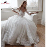 Ball Gown Half Sleeve Tulle Lace Flowers Beaded Luxury Bride Formal Wedding Dresses 2018 Vintage Wedding Gown Custom Made XH67M