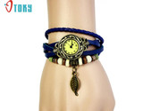 Hot hothot vintage watch Womens Bracelet Weave Wrap Quartz Leather Leaf Beads Wrist
