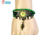 Hot hothot vintage watch Womens Bracelet Weave Wrap Quartz Leather Leaf Beads Wrist