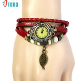 Hot hothot vintage watch Womens Bracelet Weave Wrap Quartz Leather Leaf Beads Wrist