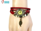 Hot hothot vintage watch Womens Bracelet Weave Wrap Quartz Leather Leaf Beads Wrist