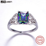 Hot Emerald Cut 3ct Natural Mystic Fire Rainbow Topaz Engagement Wedding Ring Genuine 925 Sterling Silver Rings for Women