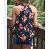 Fashion Summer Women Sleeveless Chiffon Floral Print Blouse Ruffles Turtleneck Tops Shirt Bluse Blusas Feminine P2