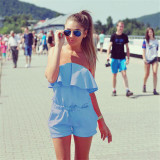 Fashion Summer Women Sexy Off Shoulder Strapless Slash Neck Ruffles Casual Mini Jumpsuit Pink Slim Rompers Plus Size